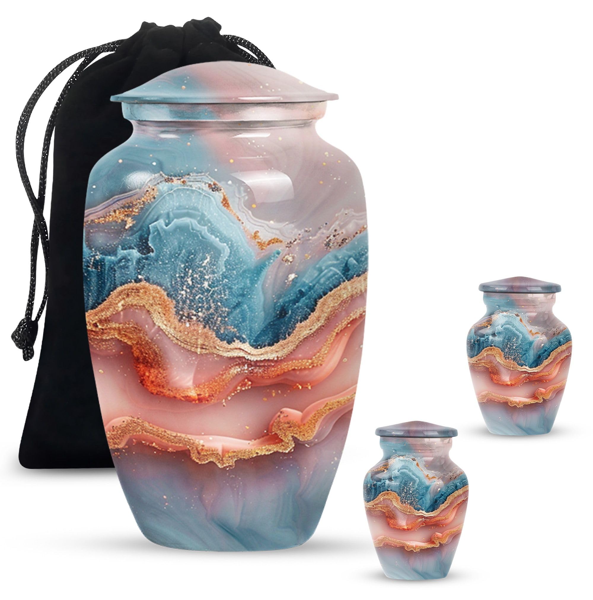 Ocean Sunset - Unique Urns - Urn for Ashes Adult Male - Combo of 1 Large Urn with Velvet Bag and 2 Small - Adult Urn Human Ash - Funeral Urns - Cremation Urns for Burial - Urn for Female