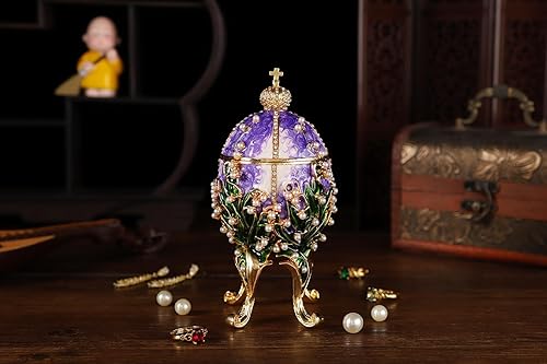 Miniatura 9 de FASSLINO Cajas de joyería rosa para baratijas Faberge Egg Enamel Pintado a mano, soporte para anillo de almacenamiento, caja de recuerdo, colección