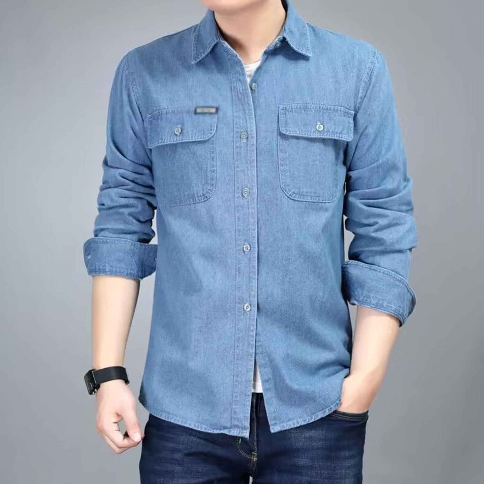 Herren-Arbeitshemd, langärmelig, Jeanshemd, Button-Down, schmales