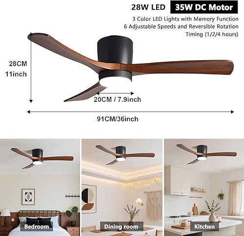 Miniatura 3 de Ventiladores de techo negros de 36 pulgadas con luces y control remoto, moderno ventilador de techo ETL para interiores con aspas de madera maciza