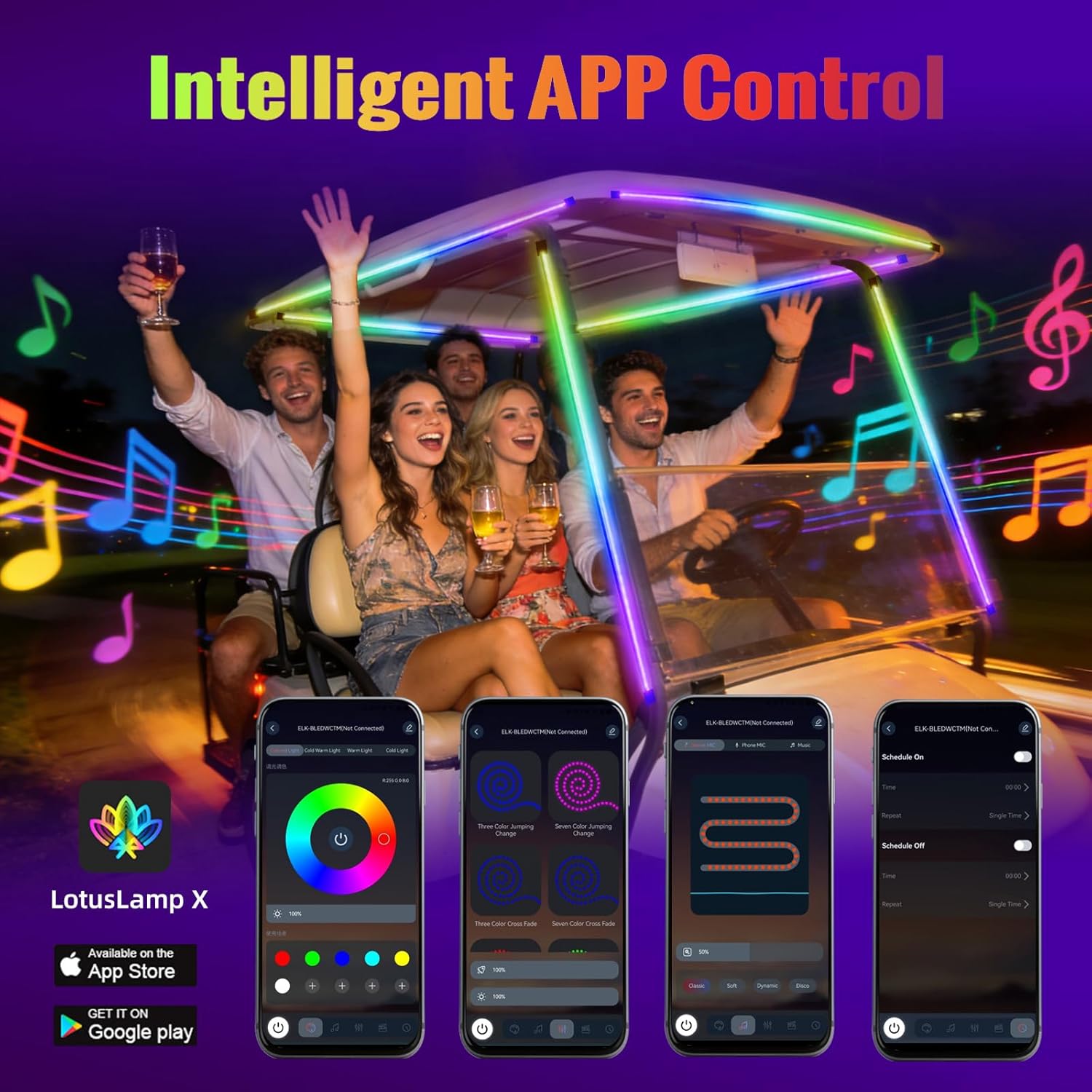 12-80V FCOB Golf Cart LED Light Strip, 200+ Dynamic Modes, CCT RGBW Dimmable Lighting, Smooth Uniform Glow, APP Control/Music Sync, IP67 Waterproof, Fit UTVs & ATVs, Perfect Golf Cart Decor