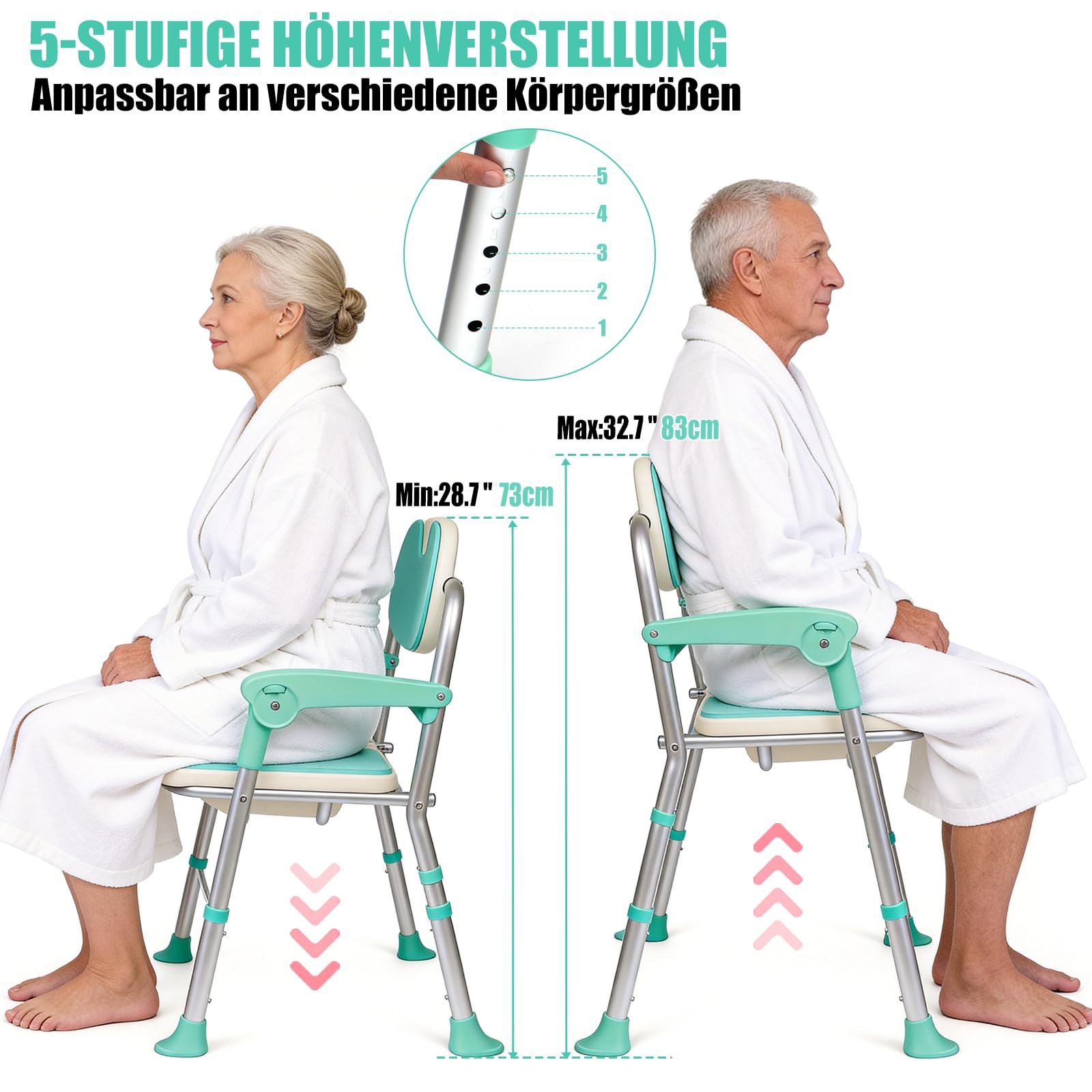 Klappbarer Duschstuhl U-Form, Duschhocker Platzsparend für Senioren & Behinderte, Belastbar bis 158kg, Badestuhl mit Armlehnen & Polsterung, Stabiler Duschsitz für Kleine Duschen