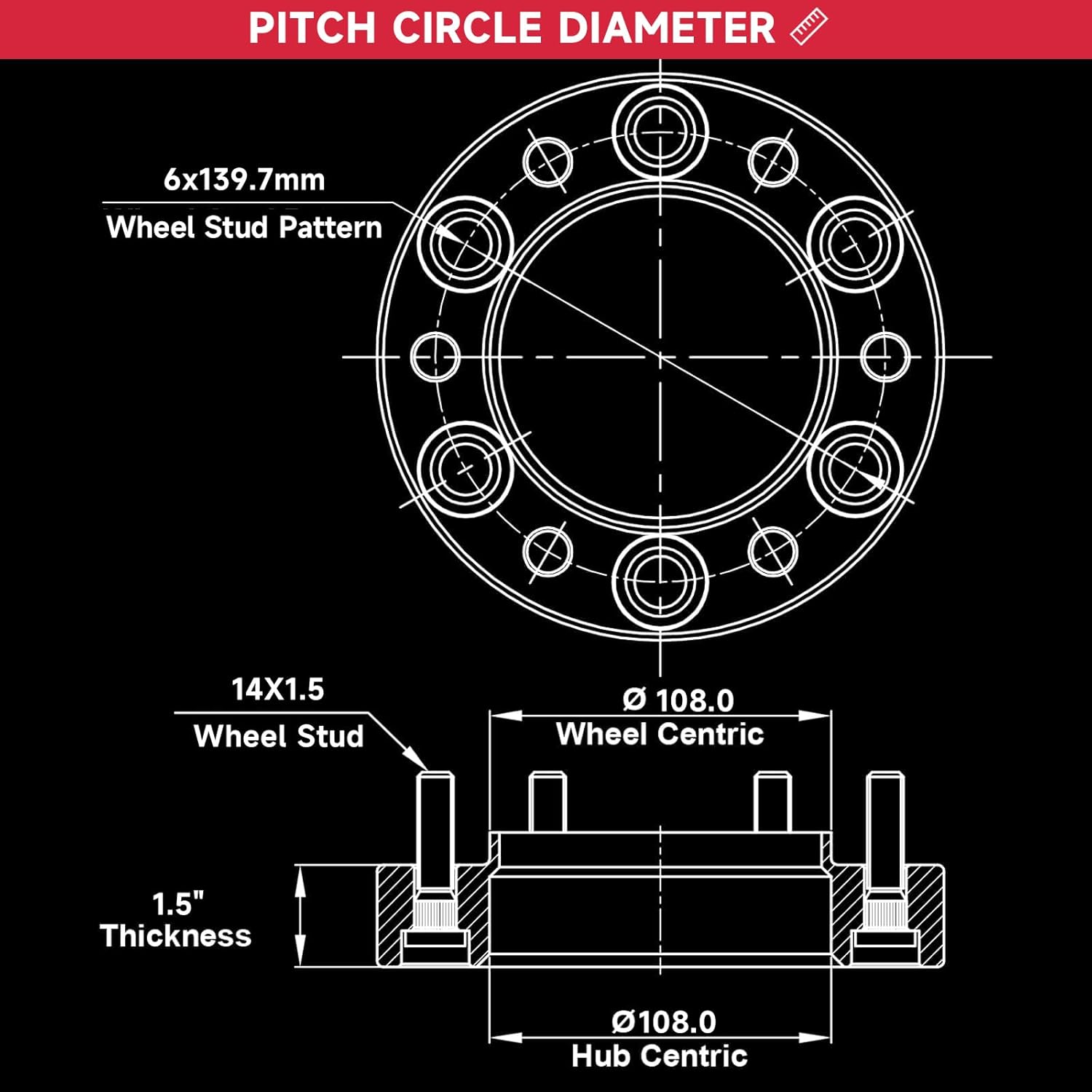 UIU 1.5 Inch 2pcs 6x5.5 Wheel Spacers, Forged 1.5" (38mm) 6x139.7mm to 6x139.7mm Thread Pitch 14X1.5 Hub Bore 108mm Adapters for 1988-2000 C2500 K2500 & GMC C2500 K2500, Black