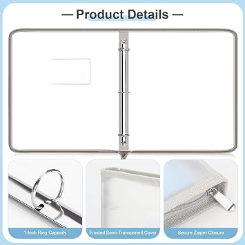 Uquelic A4 Folder Ring Binder, Document Organizer with 12 Pcs Punched Pockets, Hard Shell Frosted Plastic Bag with Zipper, Cute Folders Wallets, Waterproof Folder for School Home Office (Grey)
