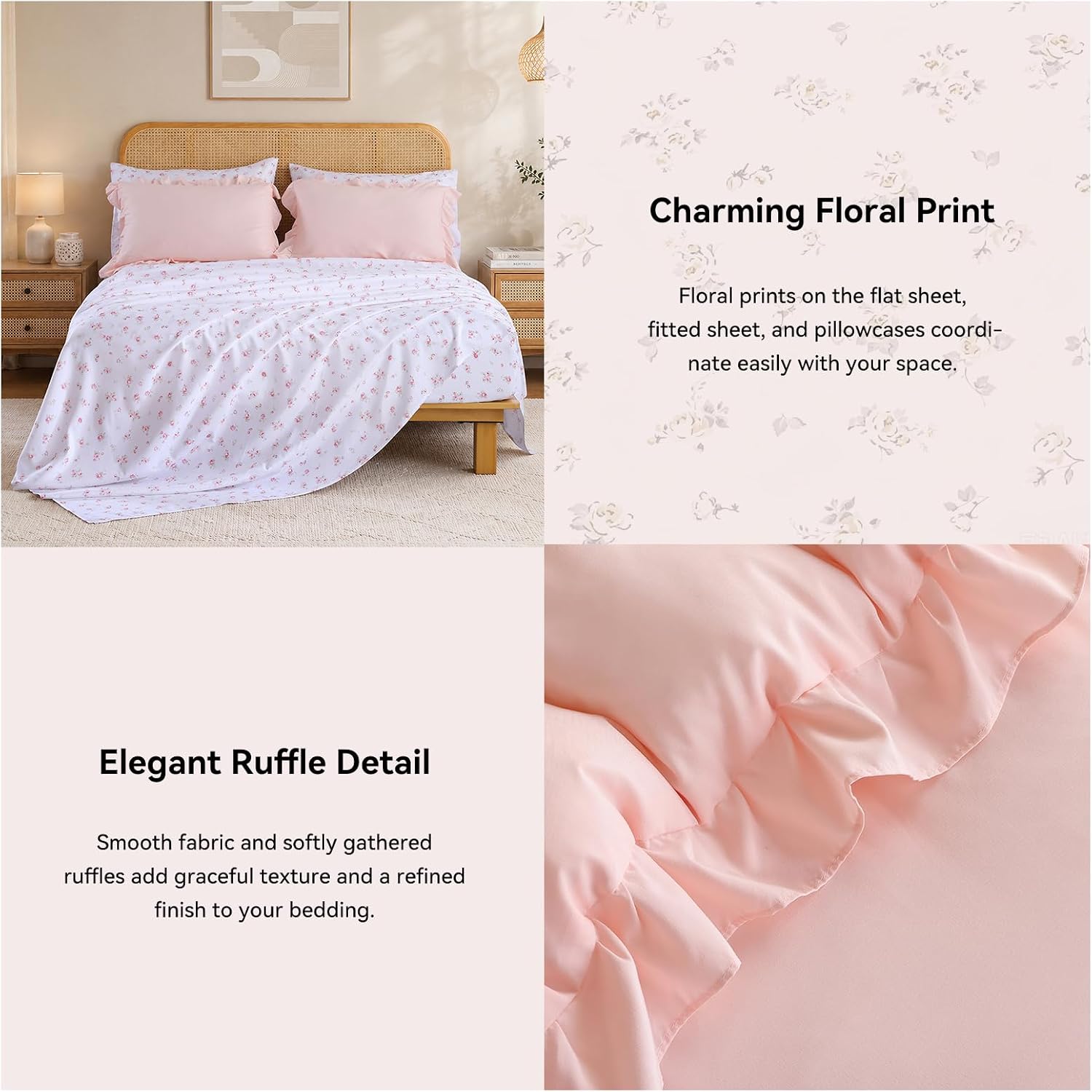JANZAA Ruffle Full Comforter Set with Floral Sheets 7 Pieces Pink