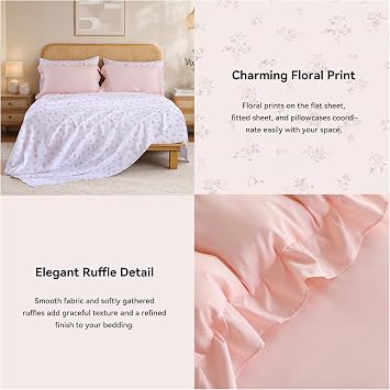 JANZAA Ruffle Queen Comforter Set with Floral Sheets 7 Pieces Pink