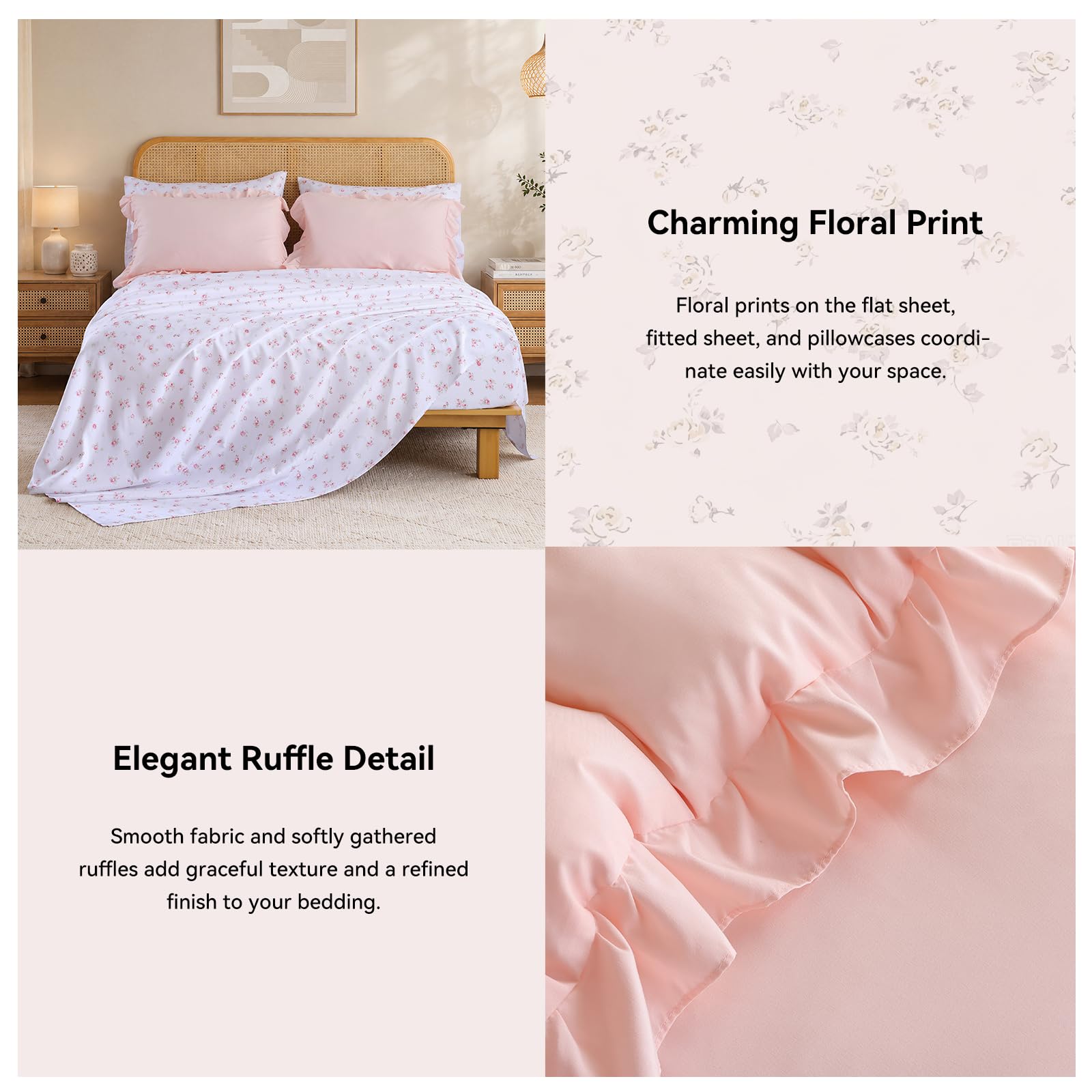 JANZAA Ruffle Queen Comforter Set - Pink Floral -3