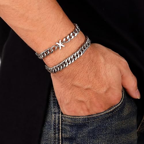 Miniatura 2 de Ritach Initial Bracelets for Men Silver, 2PCS Stainless Steel Cuban Chain Link Initial Bracelets for Mens Bracelet Set Letter A-Z Bracelets for Men