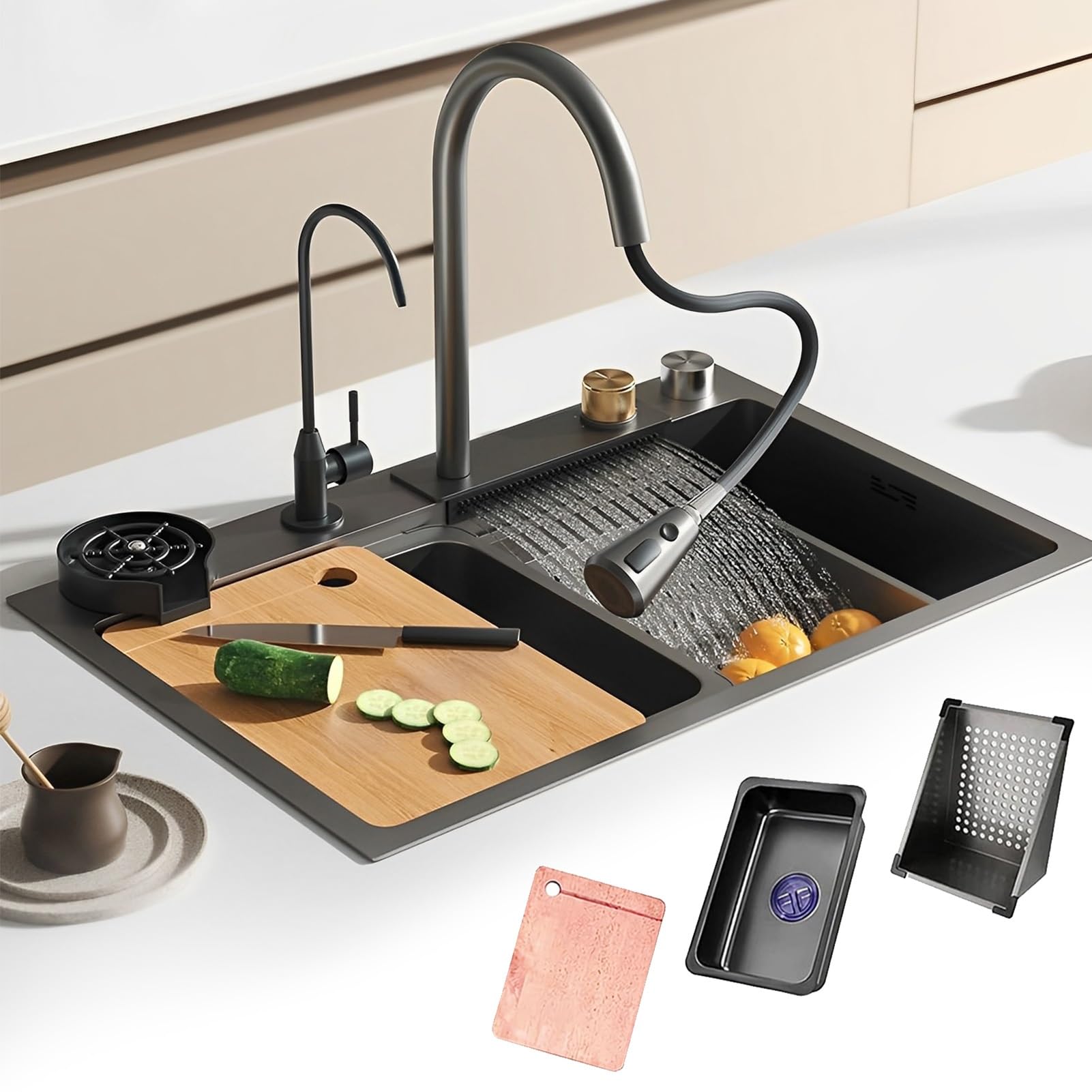 YADZISW Premium Stainless Steel Kitchen Sink with Waterfall Faucet Nano Coated Workstation Digital Display Topmount Single Bowl Deep & Spacious Multi Purpose (Black a 68cm)