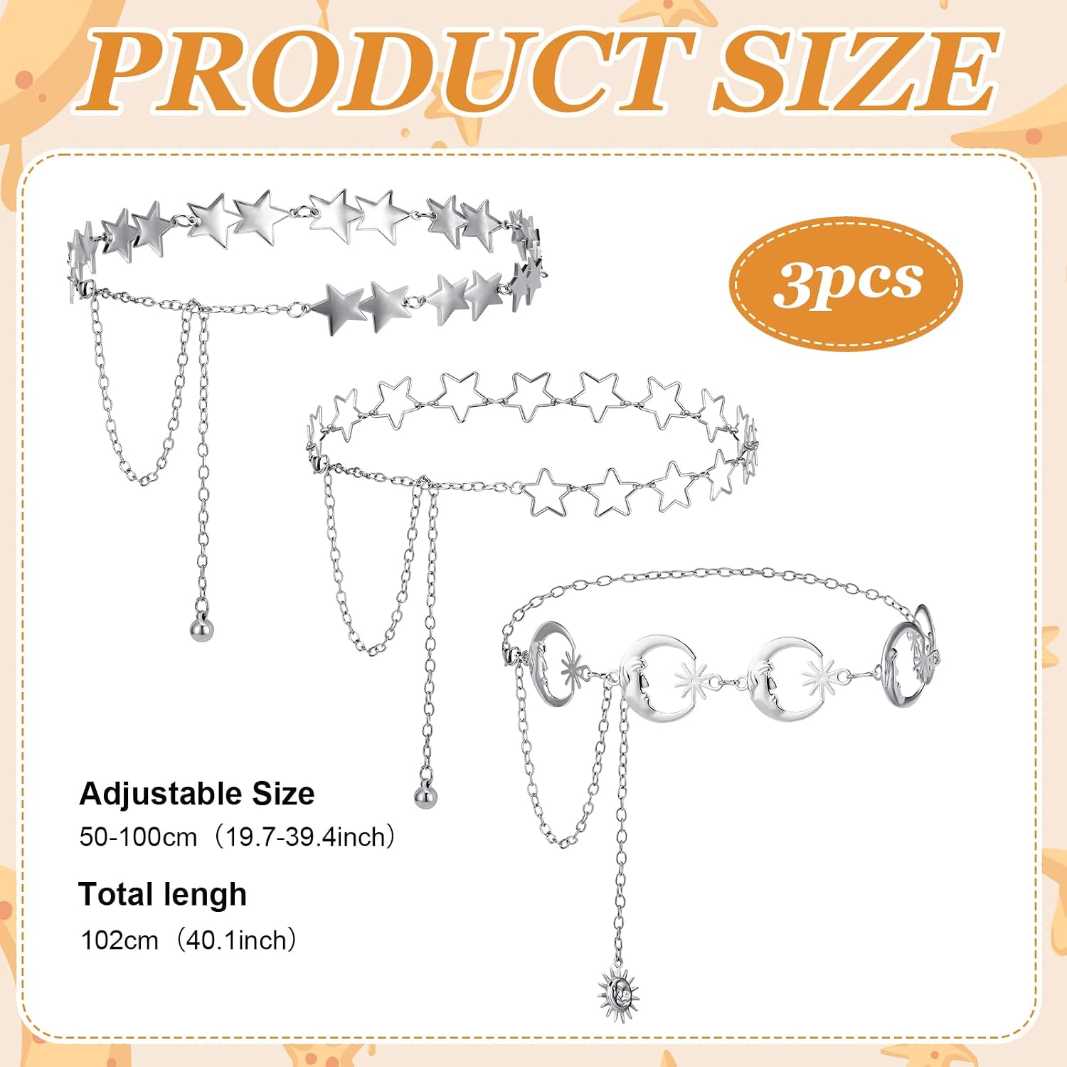 JATEBI 3 Pcs Women Star Silver Waist Chain Belt Multi Layer Metal Chain Belts Adjustable Y2K Accessories Suitable Formal Wear Dresses Jeans