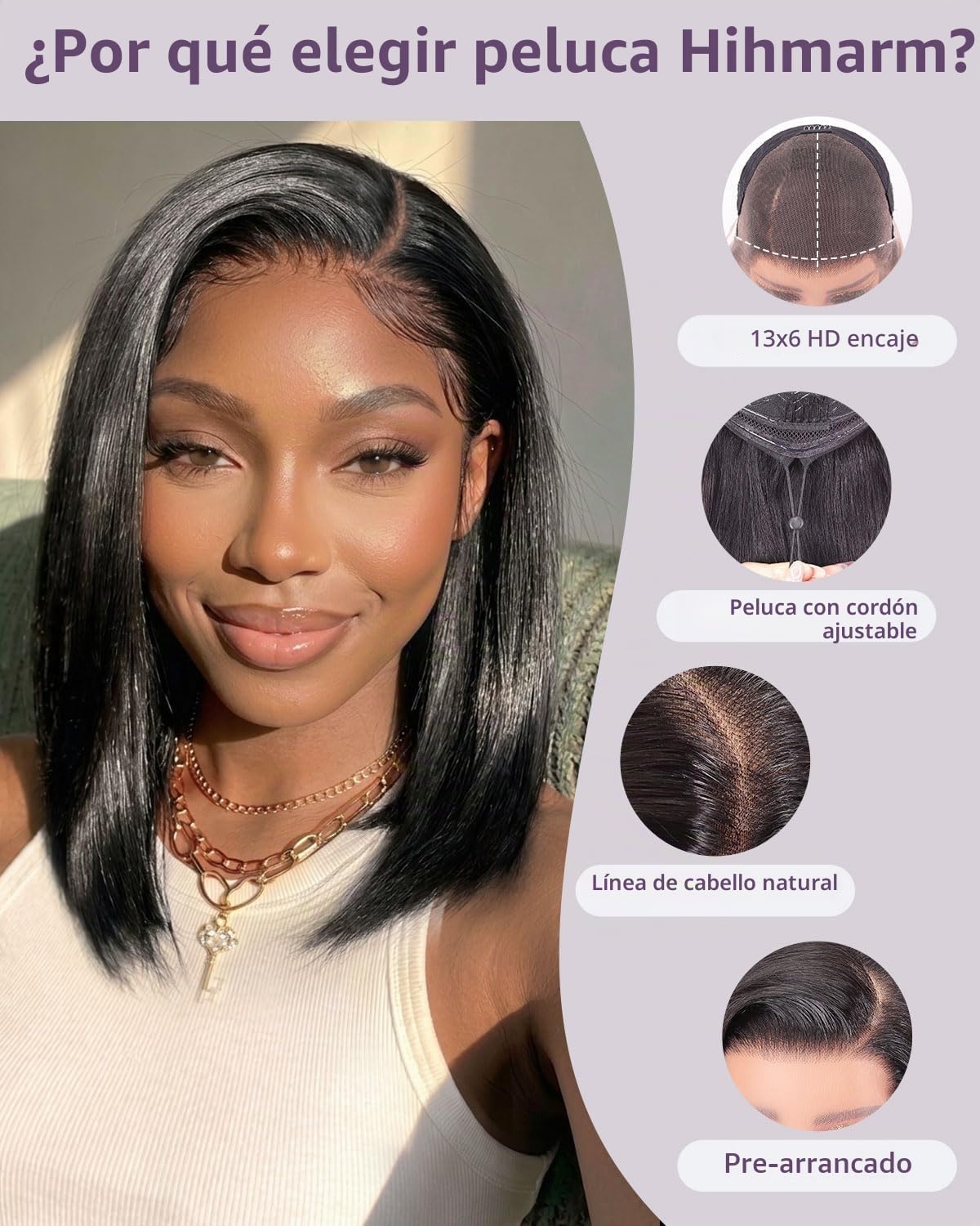 HUIWANYAN Hihmarm Peluca de cabello humano con encaje frontal HD de 33 x 10,2 cm, sin pegamento, predepilada, corto, estilo bob, para mujeres negras, línea capilar natural, densidad del 180%, 35,5 cm