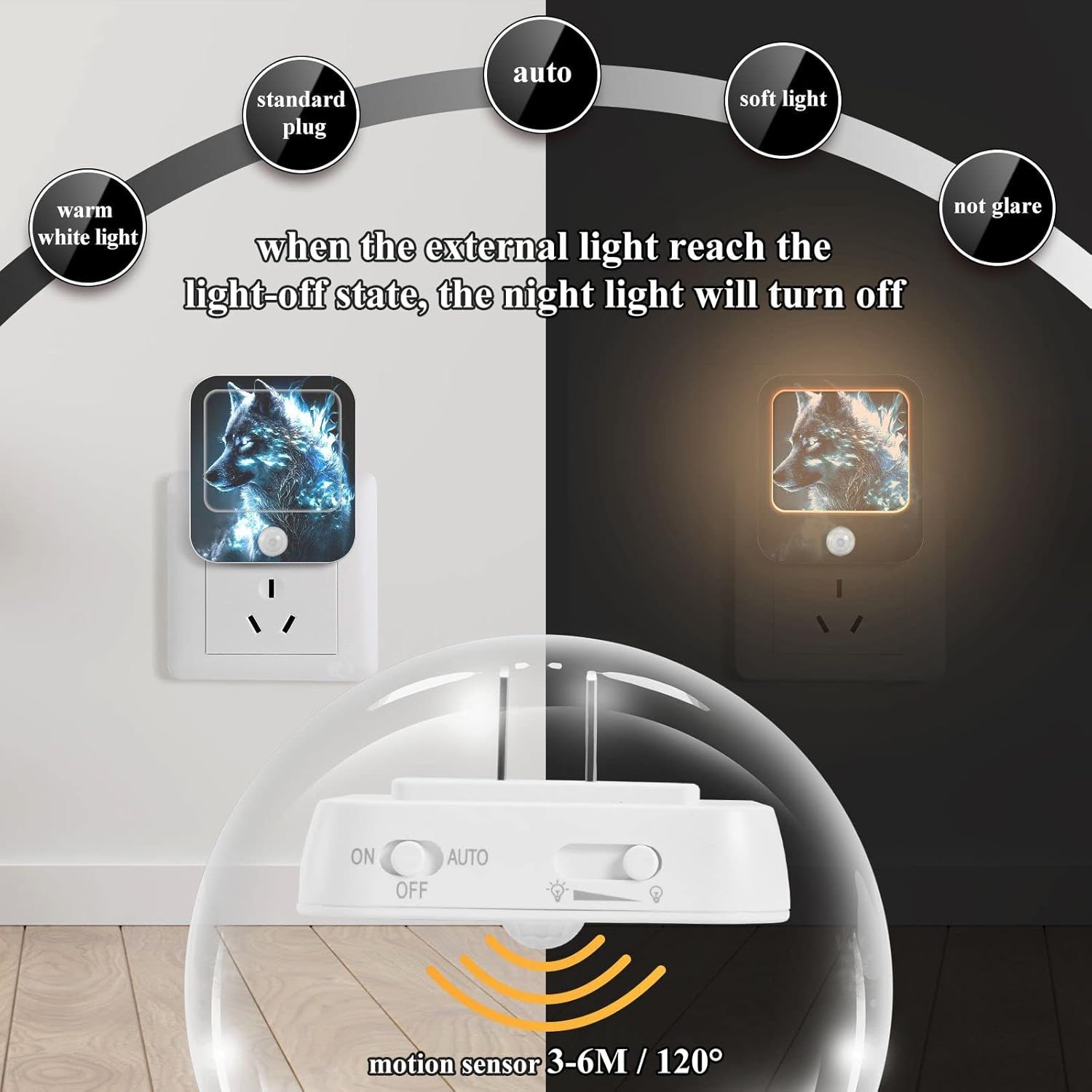 Ice Shinning Wolf Night Lights Motion Sensor & Dusk to Dawn Sensor Plug into Wall Night Lamp Dimmable Sleep Friendly 2 Pack