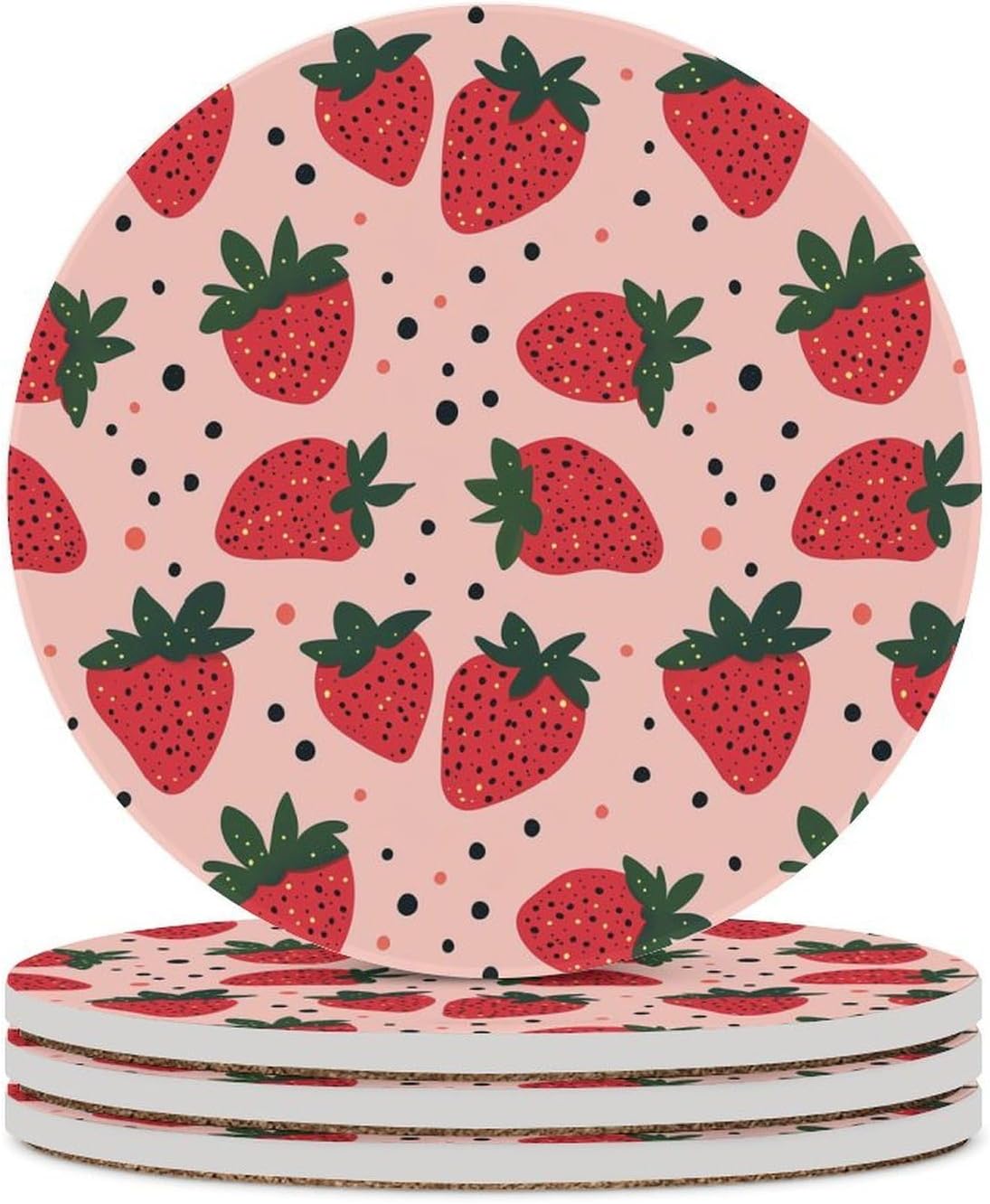 Strawberry Pattern Funny Round Ceramic Coasters for Drink Absorbent Cup Holders Tabletop Protection