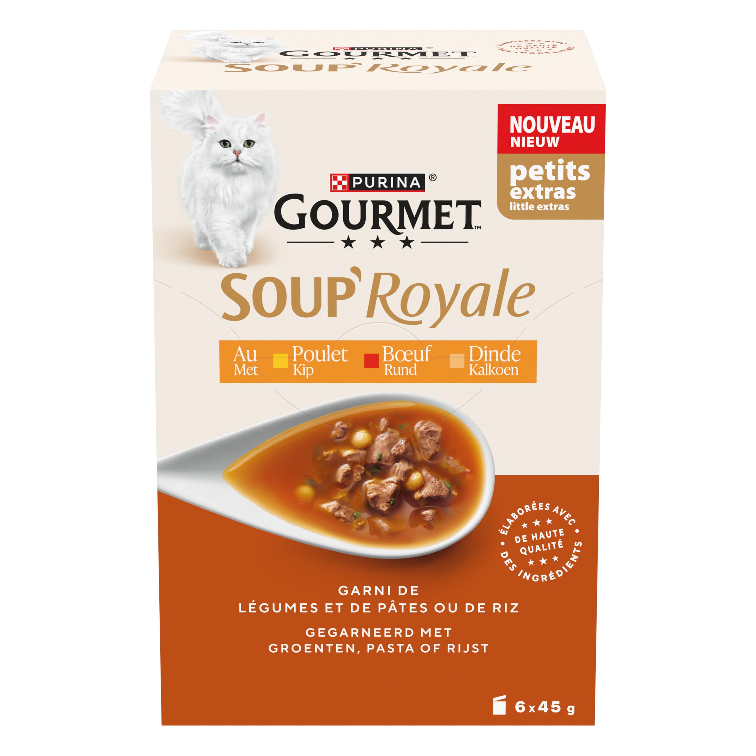 GOURMET | Soup Royale | Soupe Exquise à la Viande | Aliment Complémentaire Humide pour Chat Adulte| Elaboré avec des ingrédients de Haute Qualité | Poulet, Dinde, Bœuf | Sachets Fraîcheur | 6 x 45g