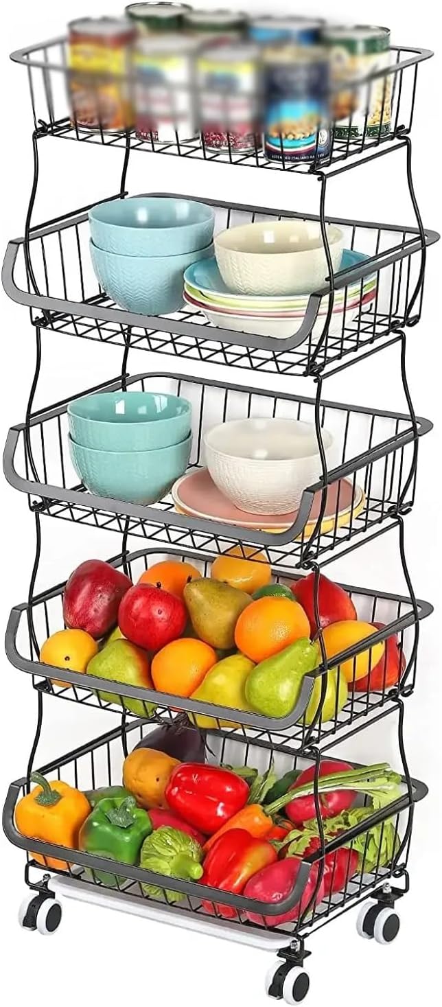 5 Tier Fruit Storage Basket Stand Kitchen 16.1" Rolling Cart Vegetable Rack