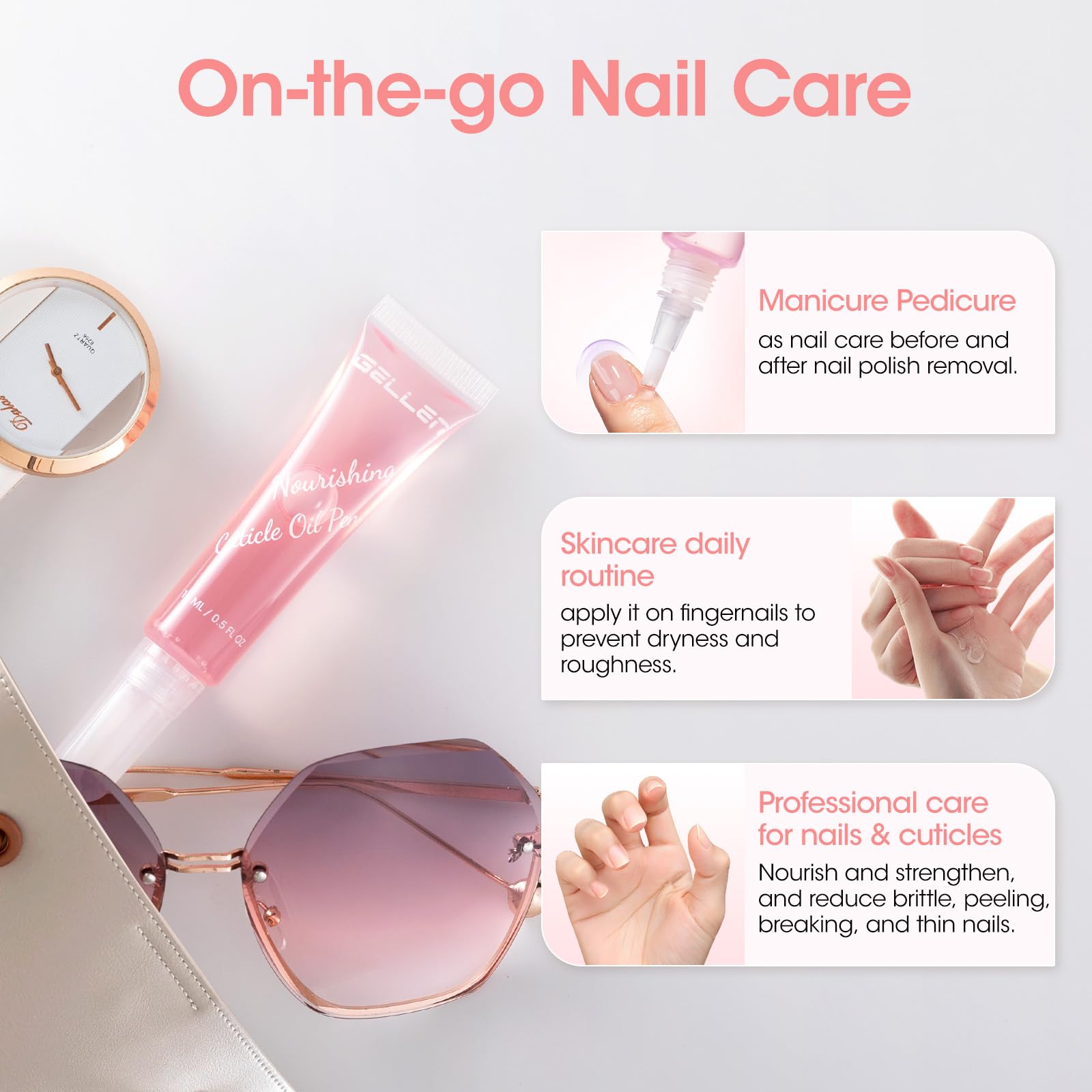 Gellen Huile Cuticules Ongles 15ML Avec Brosse Douce Transparent - Huile De Soin Ongle, Nourrir Ongles et Pieds Abîmés, Vernis Durcisseur Ongle, Riche En Huile de Jojoba et Vitamine E, Couleur Rose