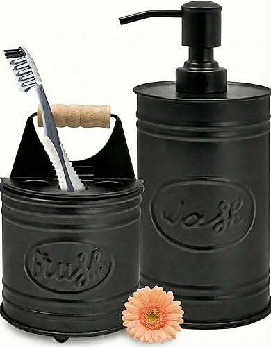 Autumn Alley Juego de accesorios de baño rústicos, dispensador de jabón y soporte para cepillos de dientes, accesorios de baño occidentales,