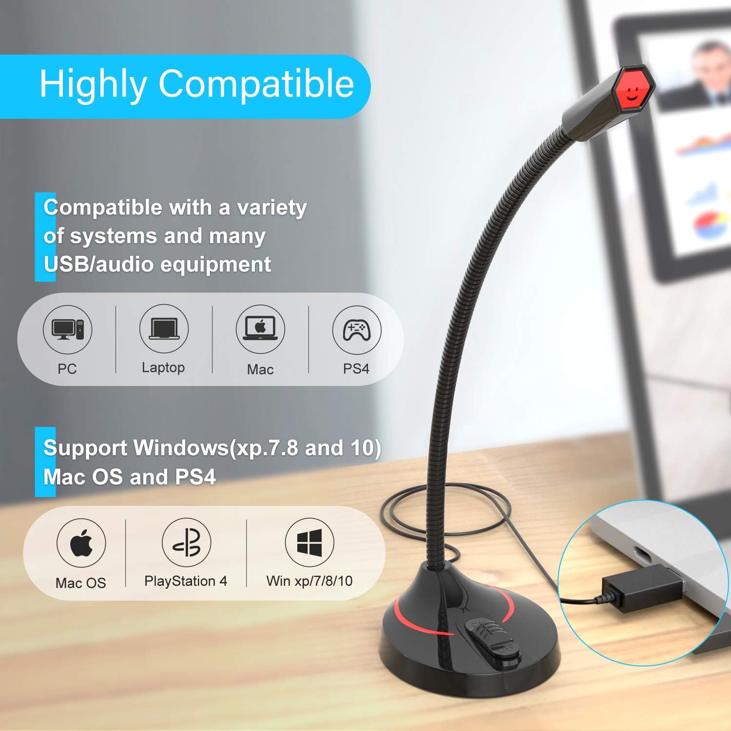 USB Desktop Microphone for Computer, Plug and Play, Compatible with Mac, Laptop, PC, PS4, Zoom, Video, Class, HD Sound, 360 Gooseneck Design Recording, Conferencing, Streaming