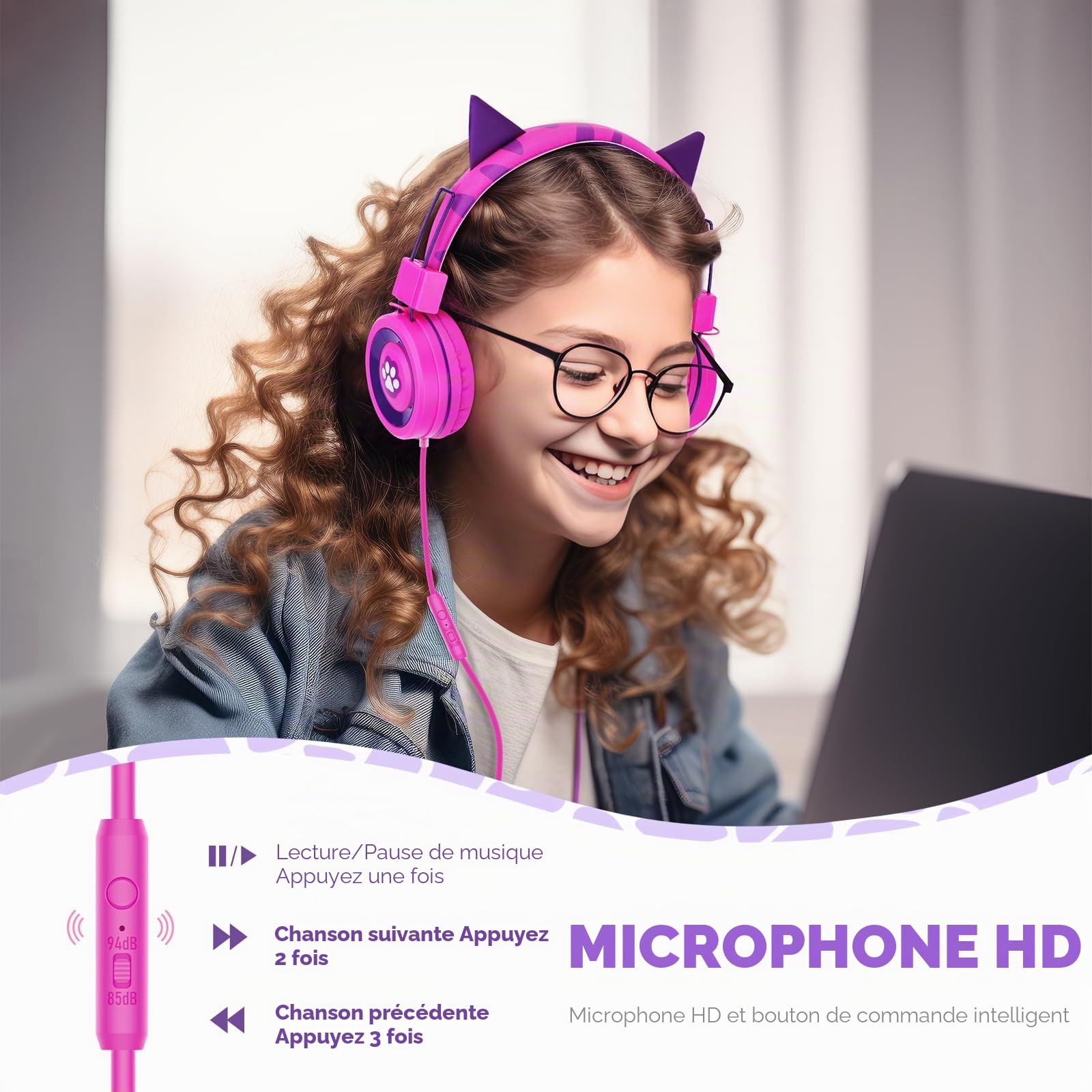 JYPS Écouteurs pour Enfants, Oreilles de Chat Mignon Écouteurs pour Enfants, garçons/Filles filaires, 2-12 Ans réglable Tout - Petits écouteurs, Pliable 3,5 mm Jack Casque pour iPad/Fire Tablet