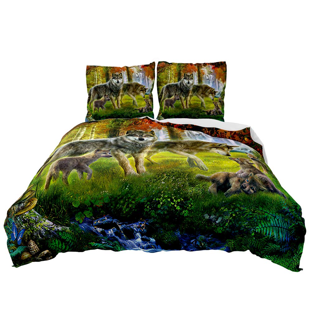 Housse de couette loup 220x240 avec 2 taies d'oreiller 65x65 microfibre motif forêt