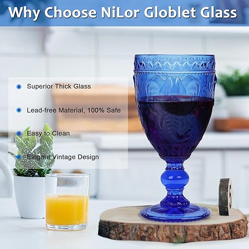 Miniatura 5 de Juego de 6 copas de vino con diseño prensado de elefante, juego de 6 copas de agua de colores, vasos azules sin plomo para fiestas y bodas, 10 onzas