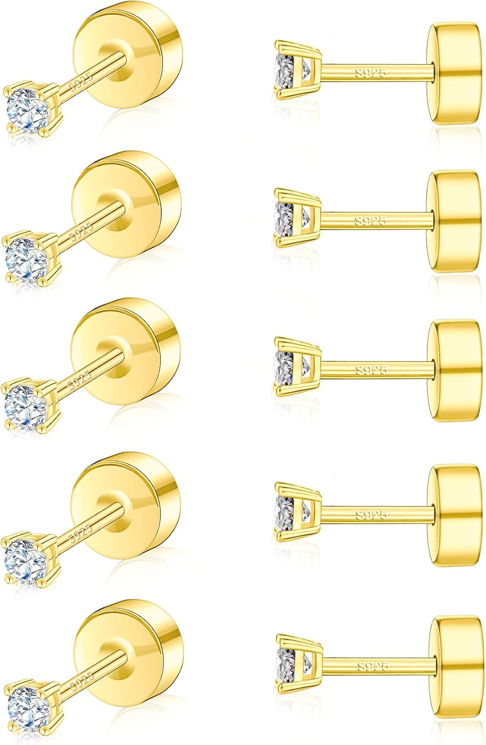 5 Pairs Small Moissanite Flatback Stud Earrings for Women Men,Sterling Silver Hypoallergenic Flat Back Earrings,18K White Gold Plated Cartilage Earring Set