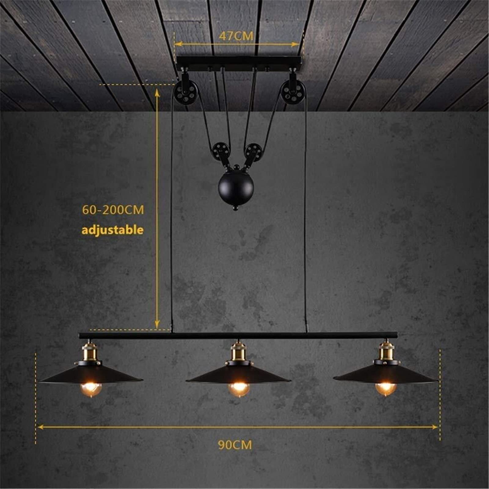 Lampada a sospensione da soffitto in stile loft, stile industriale retrò, con puleggia e palla pesante, finitura nera cotta, ferro battuto, 3 teste, design di sollevamento, E27