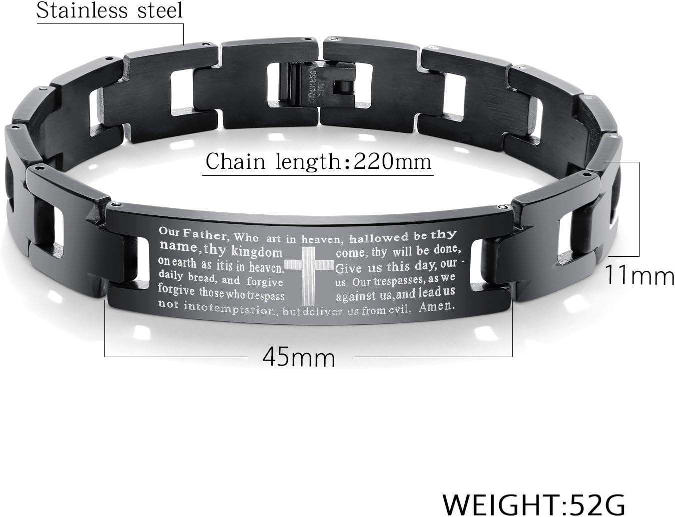 Men's Stainless Steel English Bible Lords Prayer Cross Bracelet Black Wrist Chain Religious Jewelry