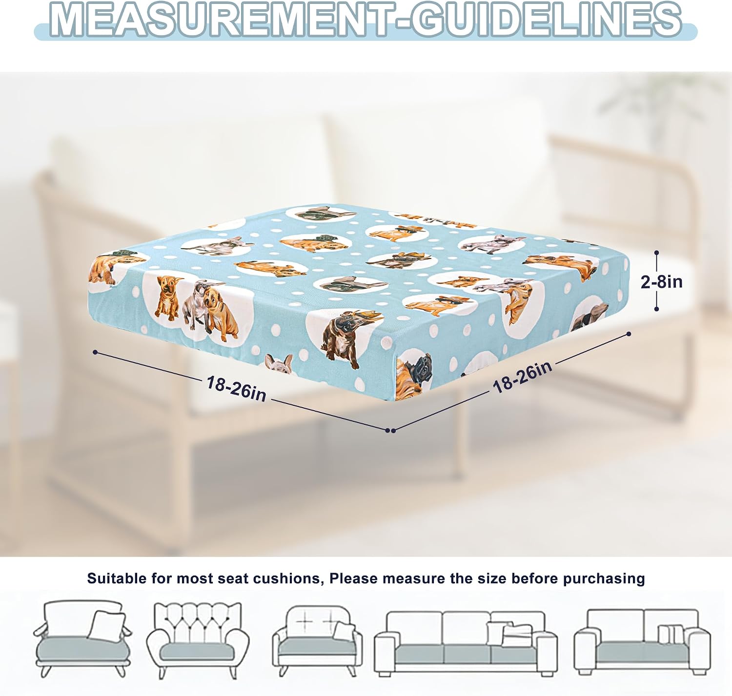 Waterproof Patio Cushion Covers ONLY, 2 Pack Non-Slip Outdoor Seat Cushion Slipcovers with Adjustable Elastic Strap, Washable Reusable Replacement Furniture Protector, Bulldog&Dots