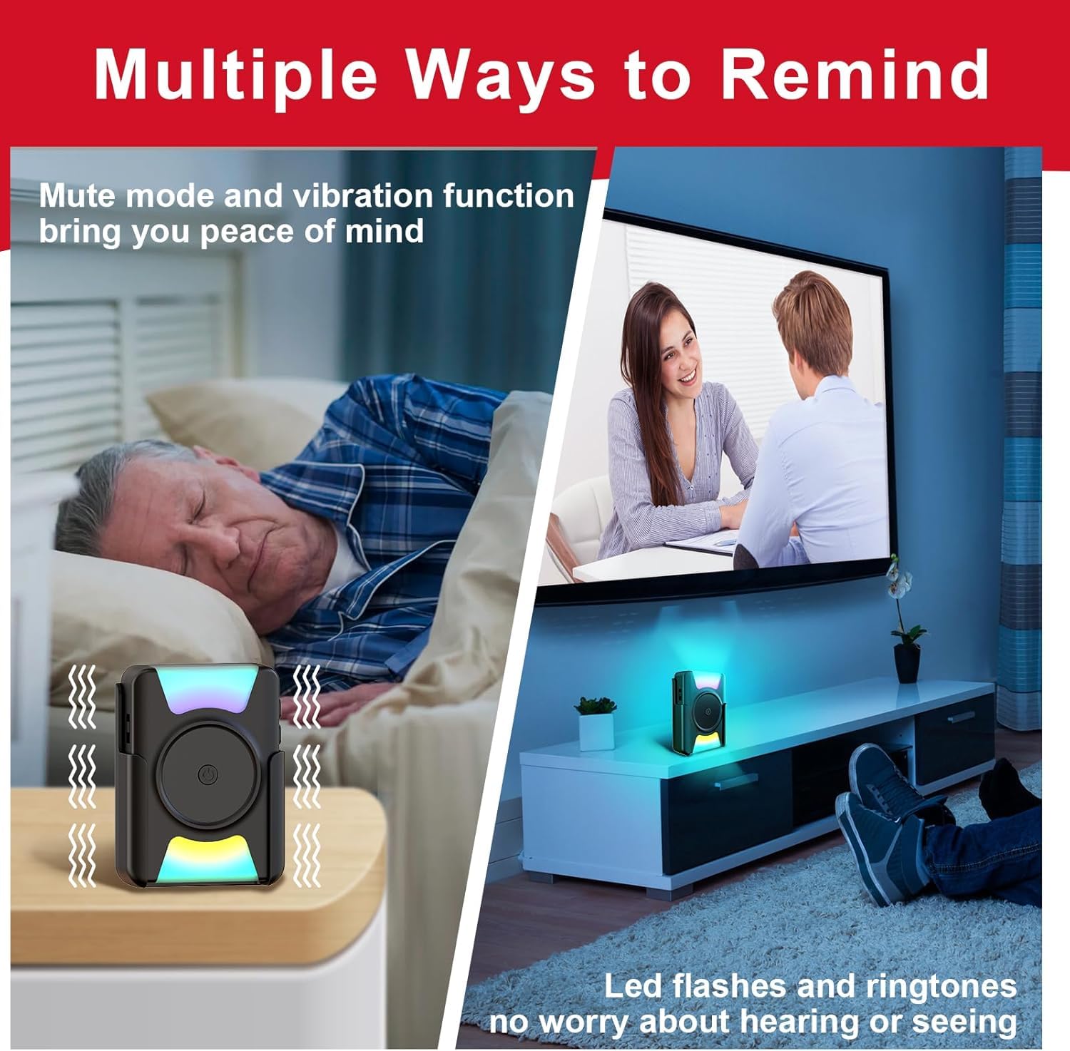 CallToU Sonnette pour malentendants avec vibration et lumière, alimentée par piles | Sonnette portable pour personnes sourdes, récepteur sans fil alimenté par batterie, 110 dB, 4 modes