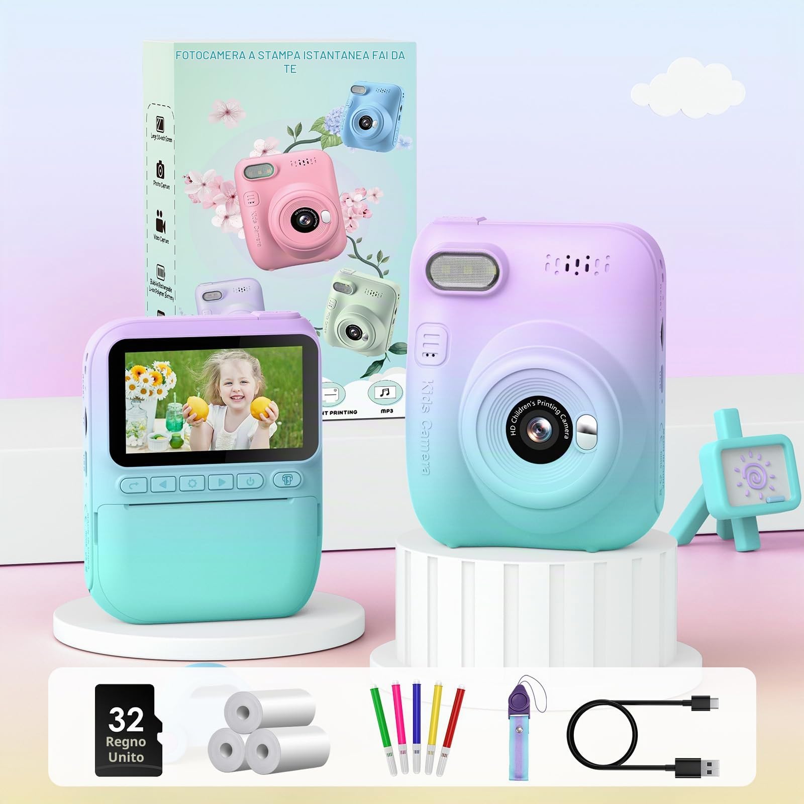 GREENKINDER Macchina Fotografica Bambini Istantanea, 3,0 Pollici 14MP Fotocamera Istantanea Bambini con 32GB Scheda, 1080P Fotocamera Digital per Bambini, Giocattolo Regalo per Bambino da 3-12 Anni