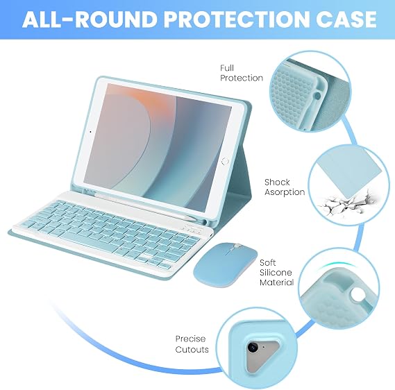LAMA for iPad 9.7 inch Case with Keyboard and Mouse for iPad 9.7 inch 2018 (6th Gen)/ 2017 (5th Gen)/2016 iPad Pro/Air 2/1, Thin - Detachable - Wireless Keyboard Cover with Pencil Holder, Blue