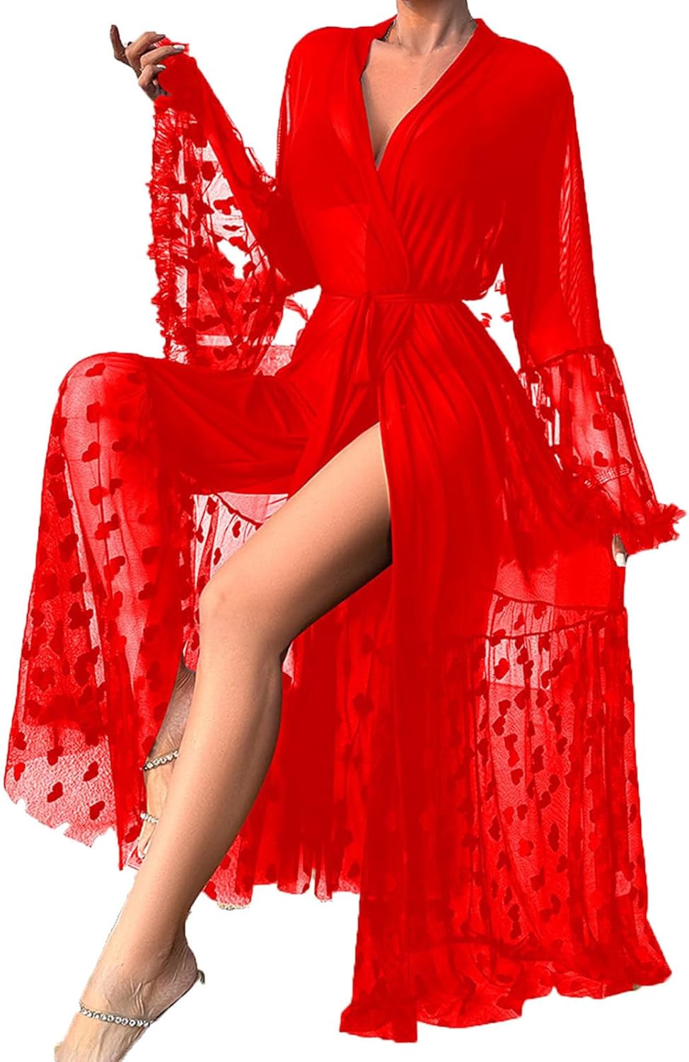 HGps8w Sheer Lace Sexy Maxi Dress Gown for Women See Through Bell Sleeve Kimono Robe Swimsuit Coverup Lingerie Sleepwear