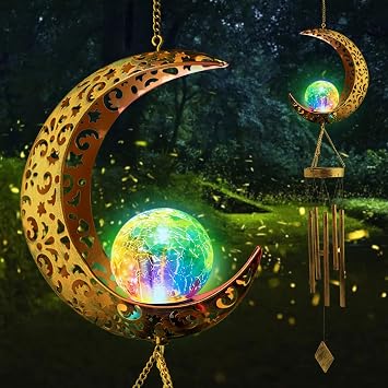 Solar Moon Wind Chimes for Outside Color Changing Unique Birthday Mom Gifts for Women Mom Grandma Crackle Glass Ball LED Wind Chimes Solar Lights Outdoor Garden Decor Light for Patio Yard Backyard