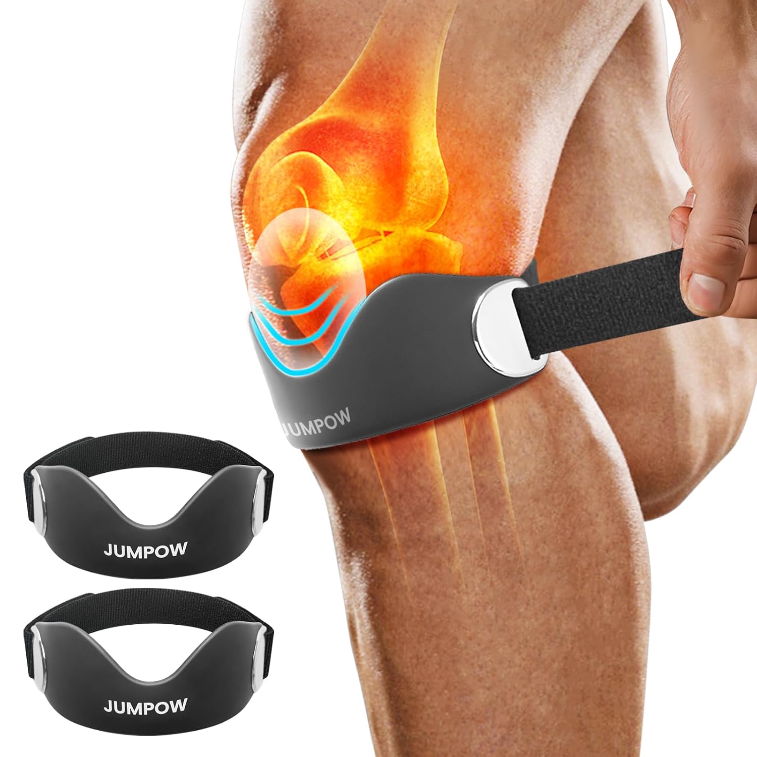 JUMPOW Silicone Patellar Tendon Support Strap - 2 Pack Adjustable Non-Slip Patella Band Stabilizer Knee Brace for Hiking, Running, Jumpers Knee, Tendonitis, Basketball, Squats, Black