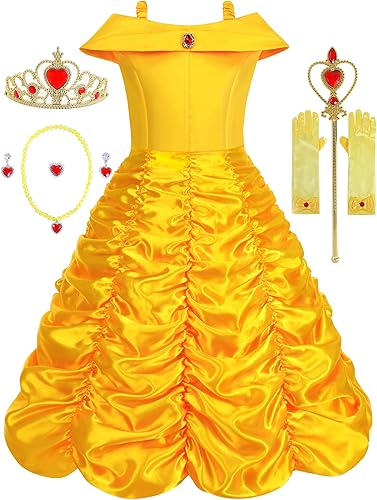 Vestido de princesa para niñas, con hombros descubiertos, en capas, color amarillo, vestido de princesa con accesorios para Halloween o cosplay
