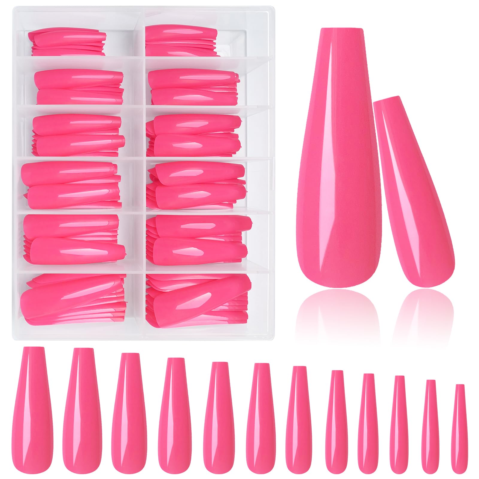 AddFavor Long Press on Nails Full Cover Extra Long XXXL Glossy Hot Pink Coffin Press on Fake Nails Acrylic Artificial False Nail Tips 12 Sizes 120pcs