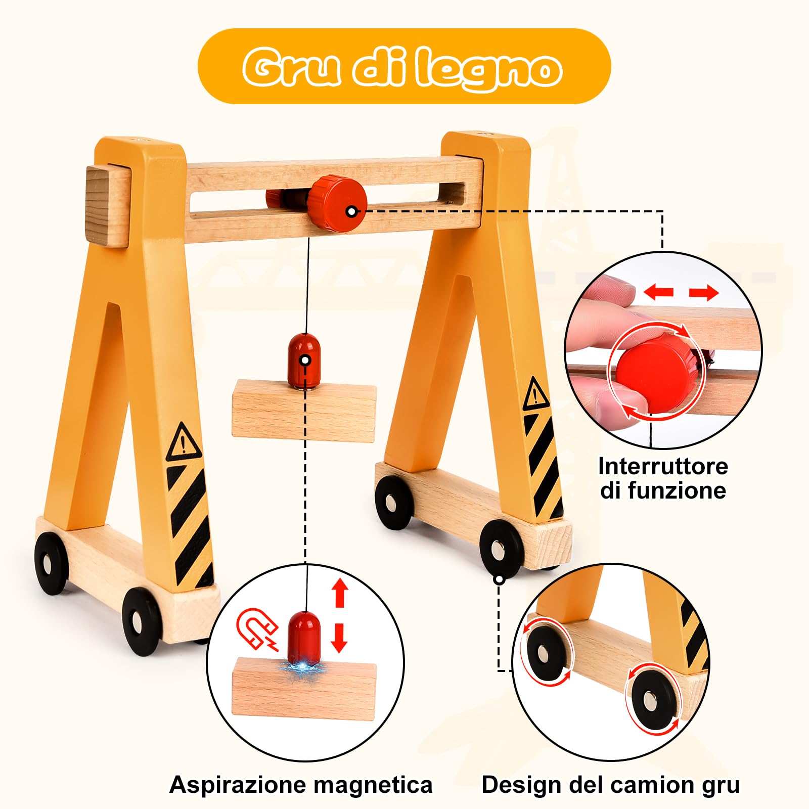 Buzzoxerex Veicolo da Cantiere in Legno per Bambini, Magnetico Veicoli Gru Giocattolo con Gru a Cavalletto, Rullo compressore, Carro Attrezzi, Veicoli da Costruzione Regalo Bimbo dai 3 anni