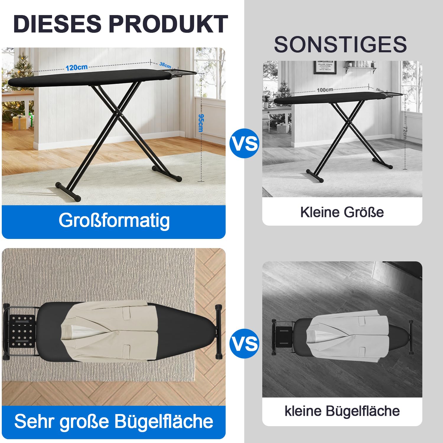 Klappbares Bügelbrett, Ironing Board,Robustes Dampfbügelbrett mit Bügeleisenablage,mit rutschfesten Füßen, stabiles Gestell,Tischbügelbrett mit Verstellbarer Höhe, Ironing area120x38cm
