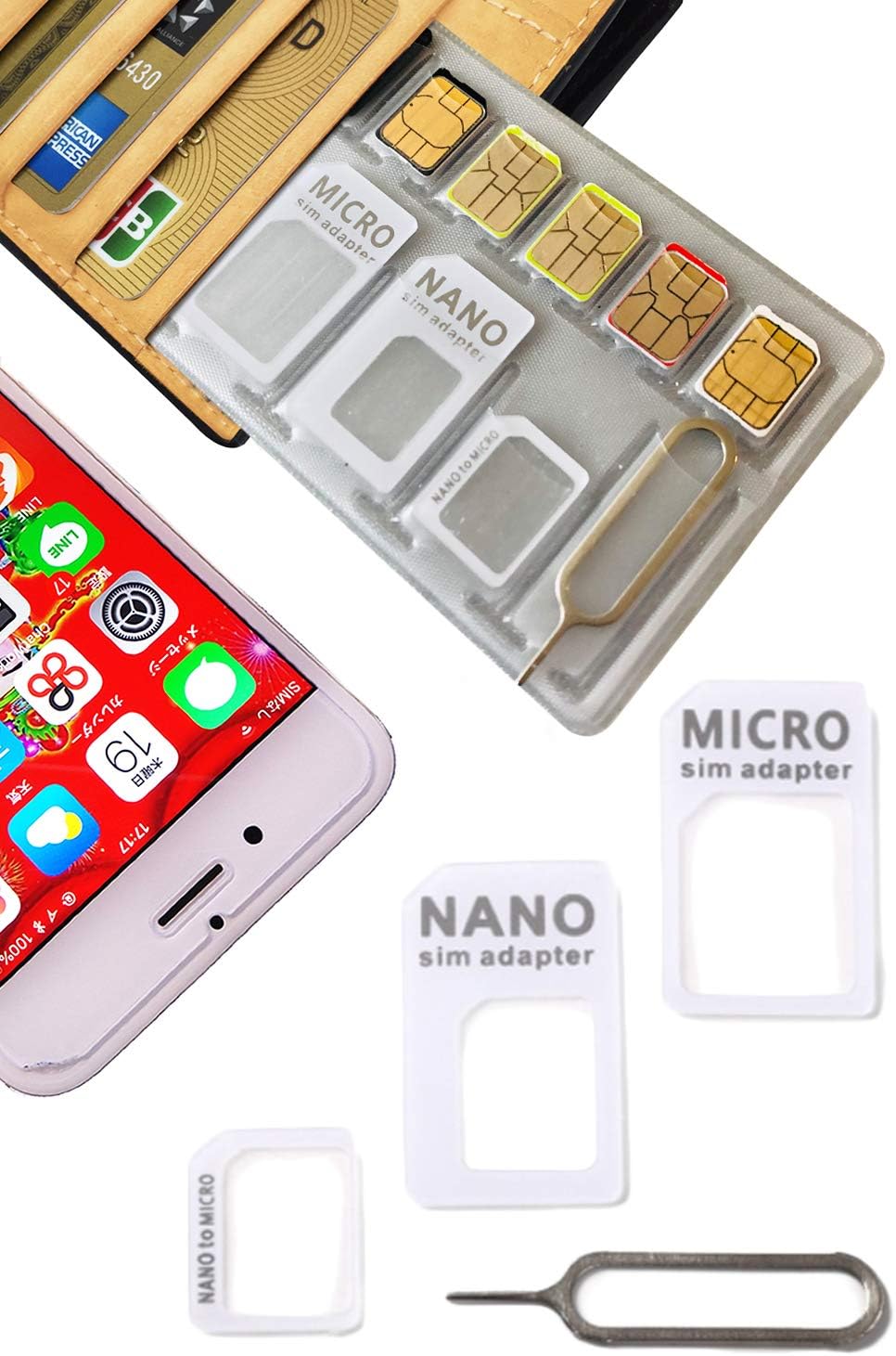 Silver Coral SIM Holder Card case, Loss PREVENTING, Thiner Than Credit Cards, Made in Japan/Fill The Gap/Nano Micro SD/Conversion Adapter kit/Ejector Pin (White (Capacity: NanoSim*5, MicroSD*1))