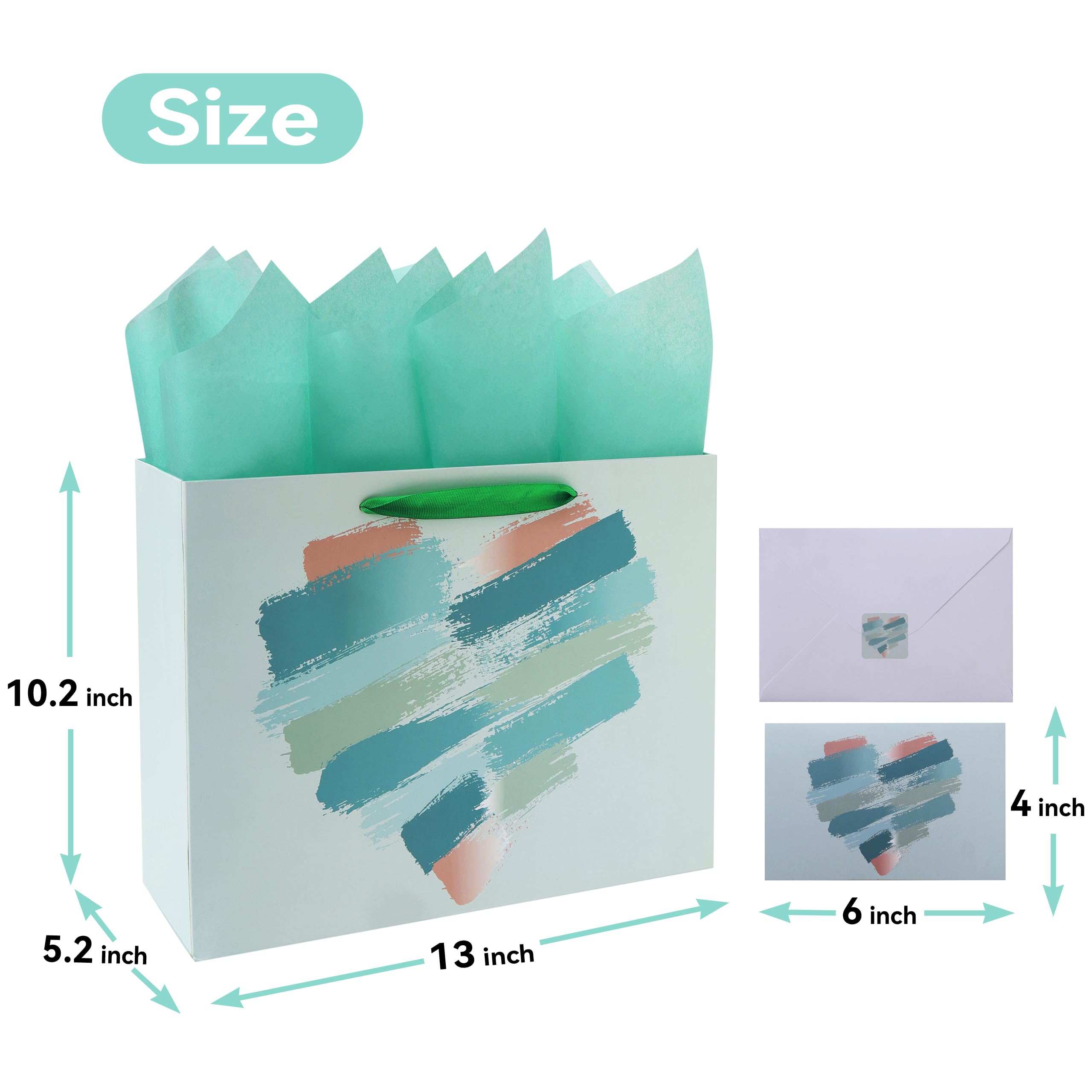 wishinside 13" Large Mint Green and Peach Gift Bag Set with Greeting Card and Tissue Papers for Valentines Day, Birthday Party, Wedding, Anniversary, Mother's Day, Brushstroke Heart Design, 1Pcs