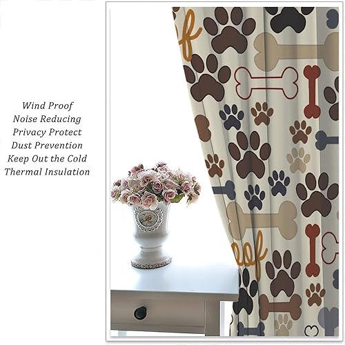 Miniatura 228 de Cortinas opacas con estampado de patas de perro, estampado de patas de perro y huesos, tratamiento de ventana, cortinas con aislamiento térmico