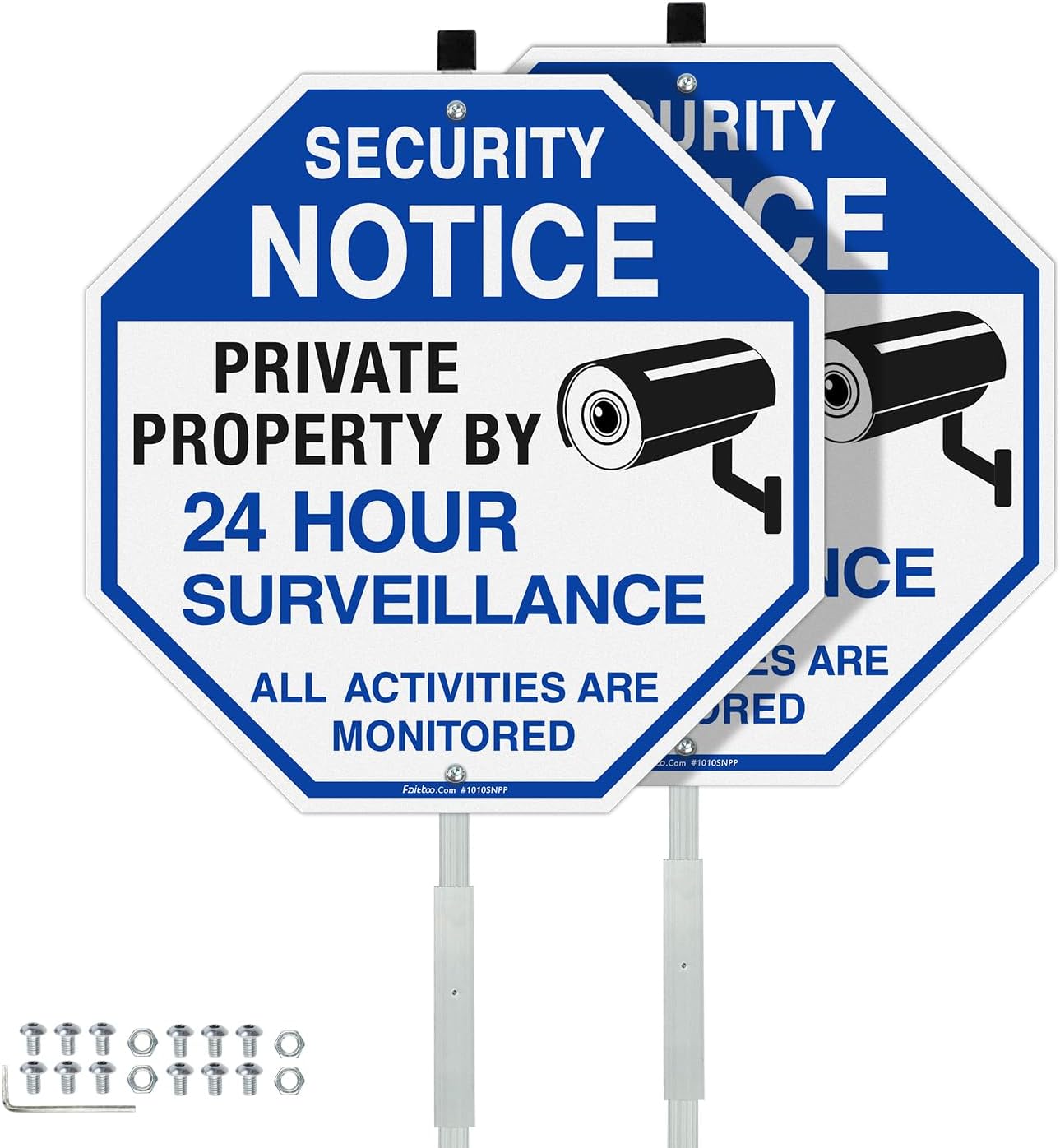 Faittoo Security Signs Private Property Video Surveillance Sign with 42" Stake, 2-Pack 10"x10" Rust Free Aluminum, Reflective, Fade Resistant, 2 Pre-drilled Holes, Includes Matching Screws & Wrench