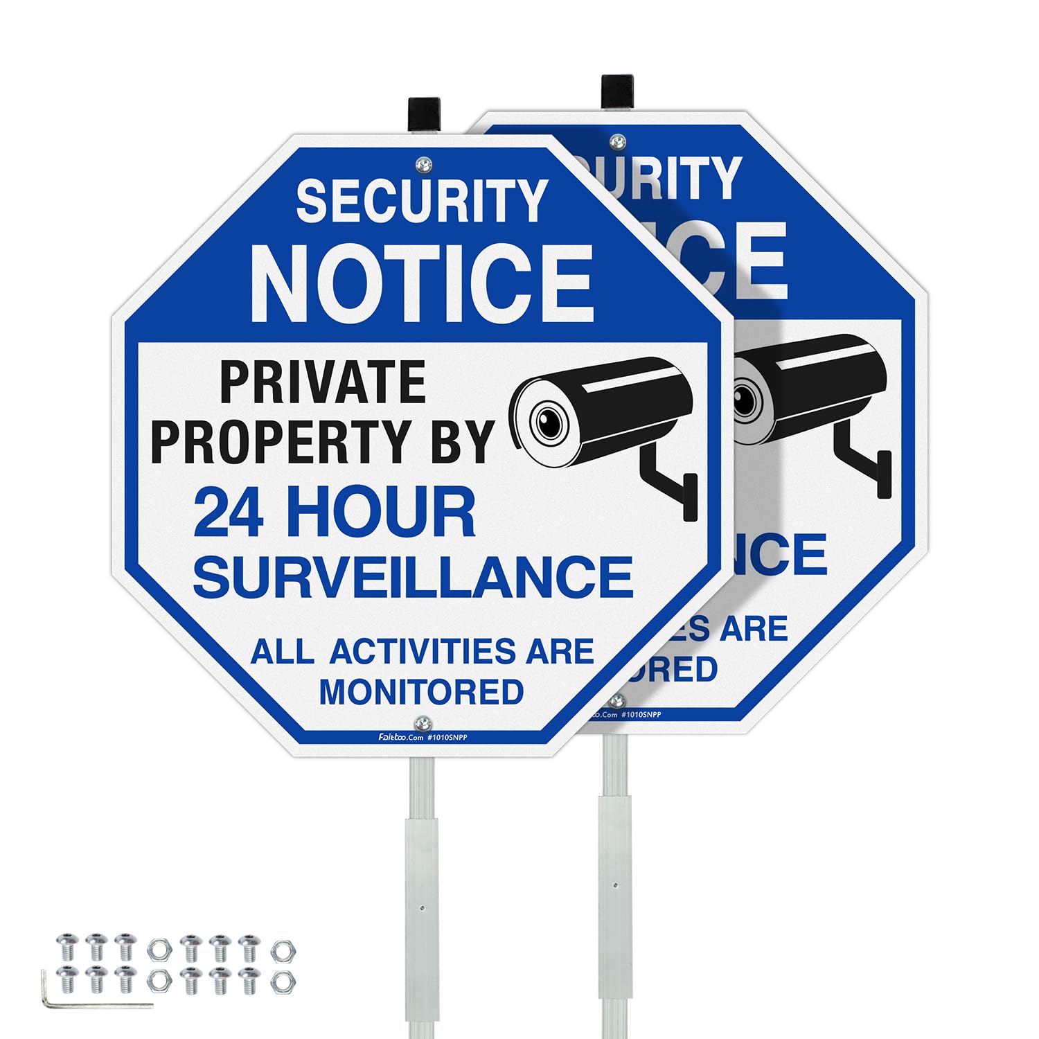 Faittoo Señales de seguridad de propiedad privada de video vigilancia con estaca de 42 pulgadas, paquete de 2 unidades de 10 x 10 pulgadas, aluminio libre de óxido, reflectante, resistente a la