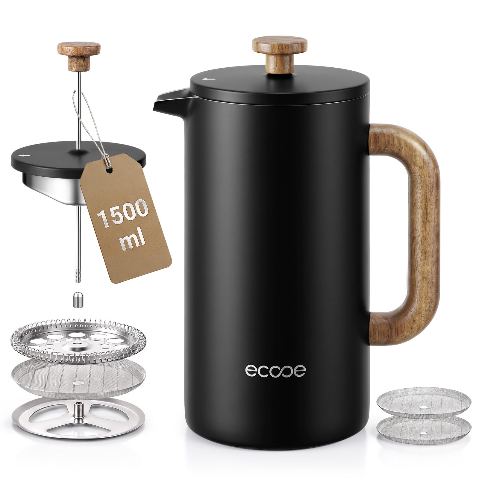 ecooe French Press 1,5 L ze Stali Nierdzewnej z Podwójnymi Ściankami (Czarny)