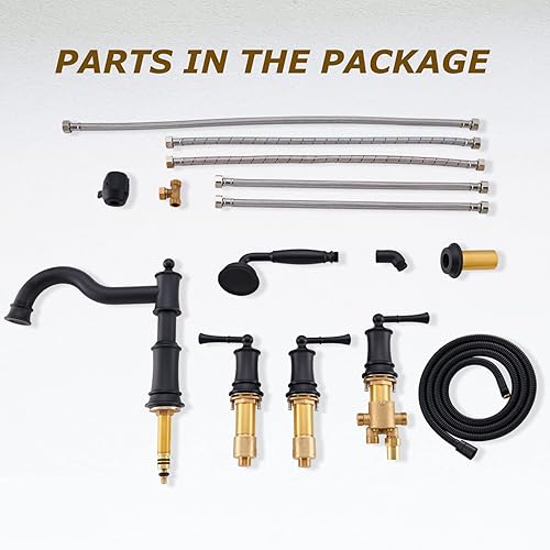 Miniatura 6 de WINKEAR Juego de grifos romanos para bañera con ducha de mano con 5 agujeros para montaje en cubierta con desviador, válvula rugosa de 3 manijas de