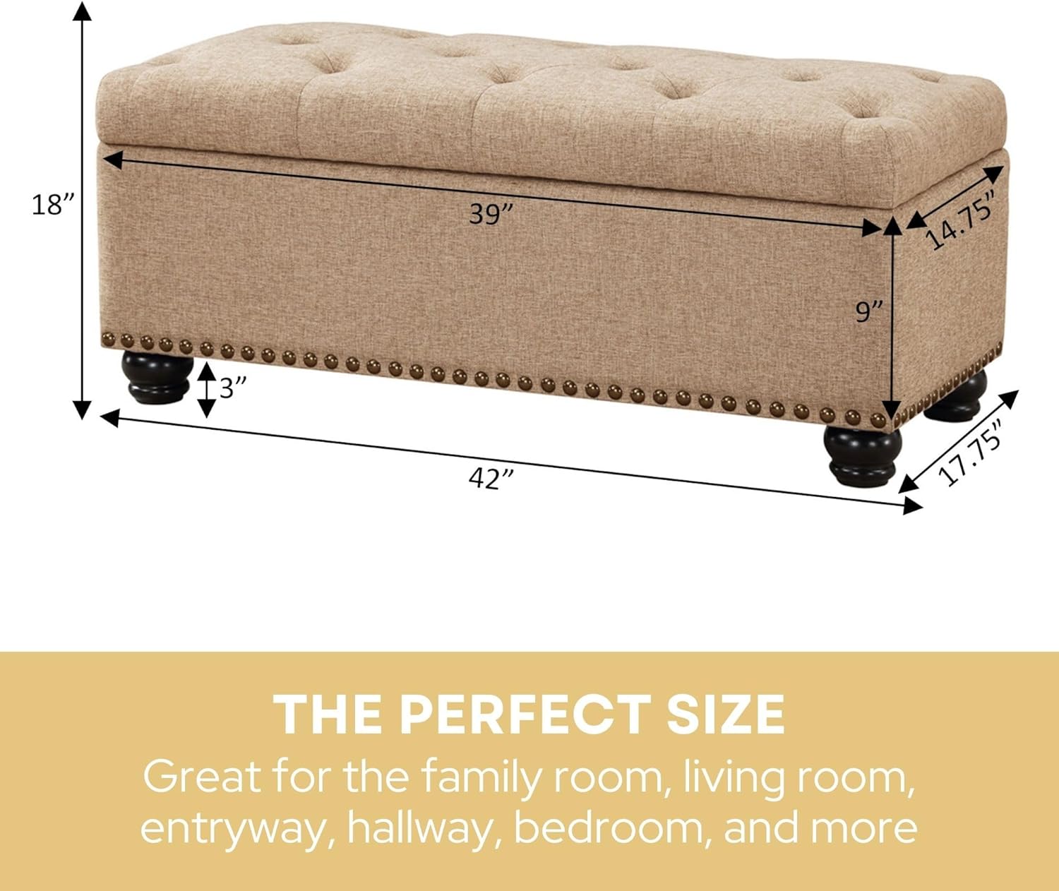 Convenience Concepts Designs4Comfort 9th Avenue Upholstered Storage Ottoman Bench 42" - Contemporary Foot Stool and Seat with Hinged Lid for Living Room, Hallway, Entryway, Tan Fabric