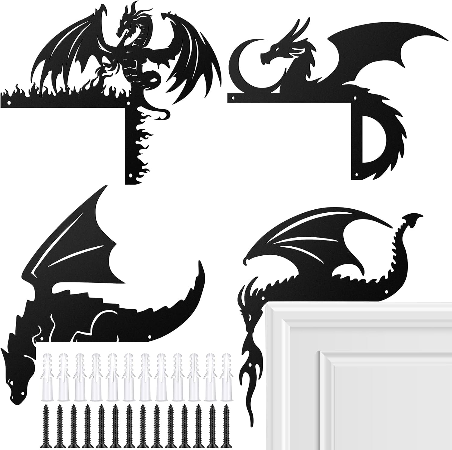 MorningRo 4 Pcs Dragon Door Frame Decoration Set Black Metal Themed Corner Sign Bathroom Wall Art Decor for Indoor Outdoor Door Window Home Office