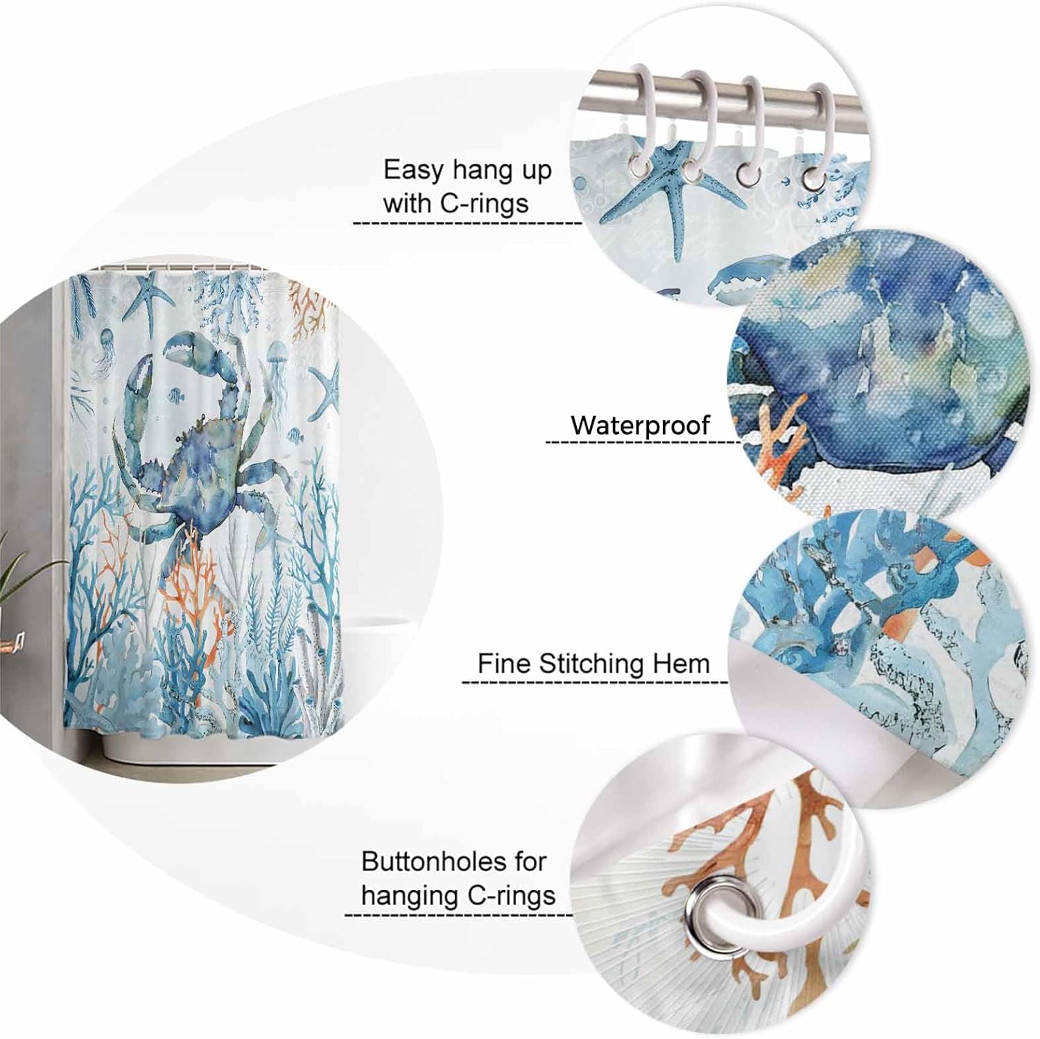 Blue Crab Coastal Waterproof Shower Curtains Set - Standard 72 x 72 Inch, Ocean Life Nautical Coral Polyester Fabric Bathroom Curtain with 12 Hooks, Bathroom Accessories, 1 Panel