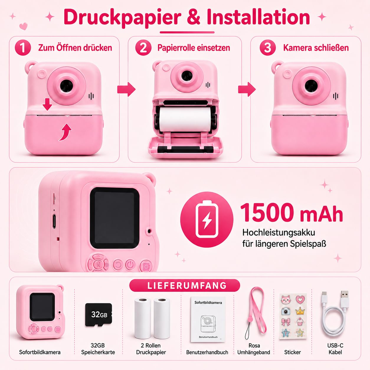 Kinderkamera mit Sofortdruck – 2.4 Zoll Sofortbildkamera Kinder, HD 1080P, inkl. 32GB Karte & Druckpapier, kinderkamera sofortbildkamera, Geschenk für Mädchen & Jungen, Rosa (3-12 Jahre)